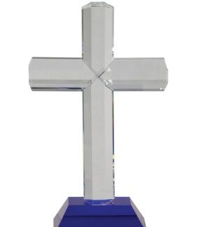 8 1/2" Crystal Cross on Blue Pedestal Base