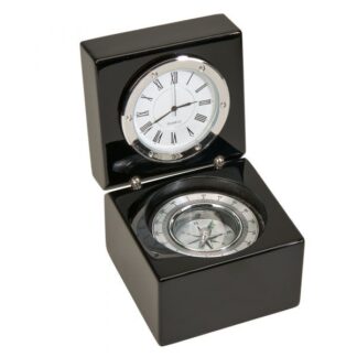 Black Square Wood Box with Compass & Clock